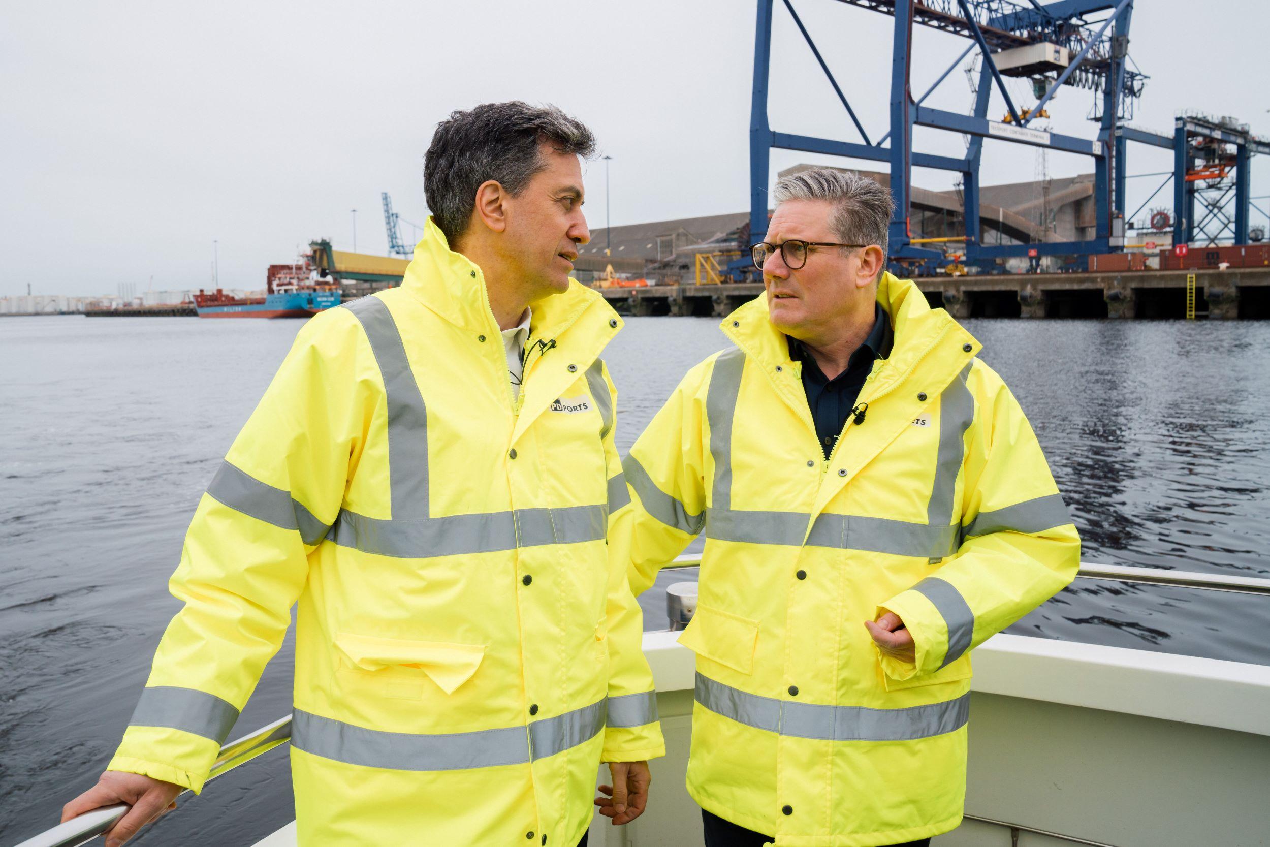 Labour Party leader Keir Starmer with shadow energy secretary Ed Miliband at a port